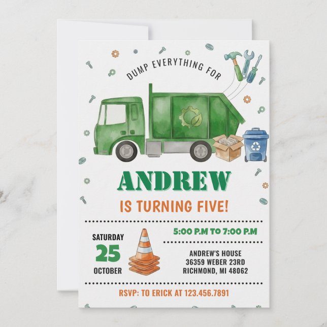 Invitación Pesonal Kids Dump Trucks Birthday party (Anverso)