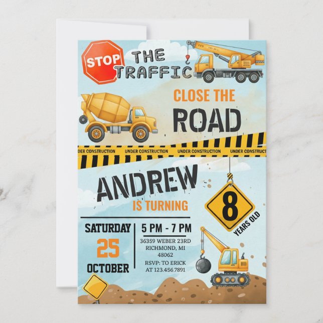 Invitación Pesonal Modern Construction Birthday Extravaganza (Anverso)