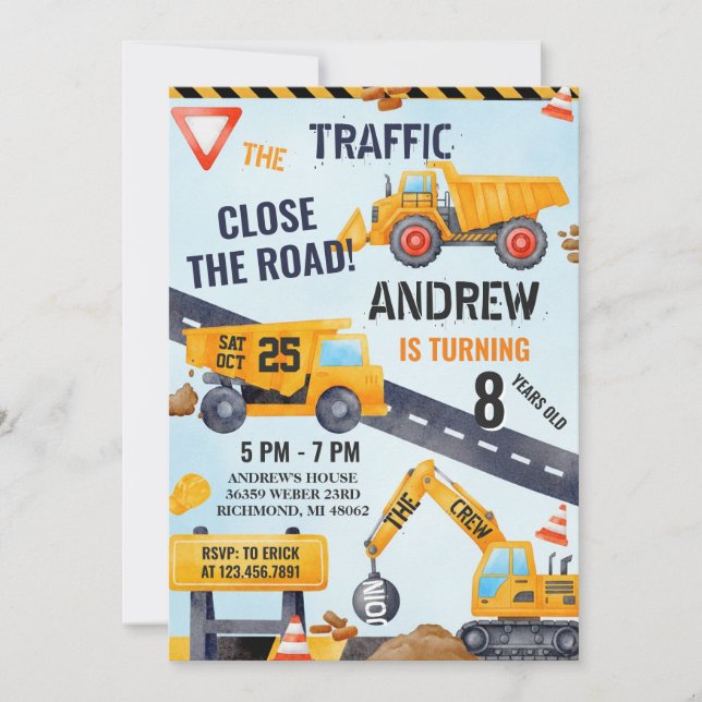 Invitación Pesonal Modern Construction Birthday With Photo (Anverso)