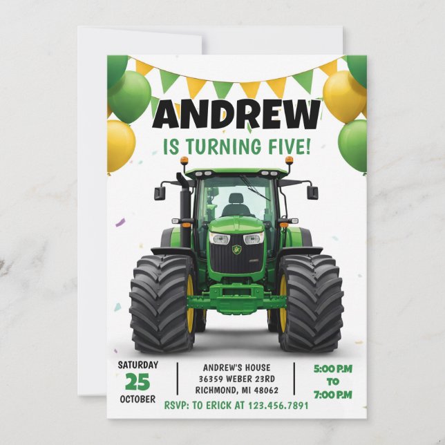 Invitación Pesonal Modern Tractor Birthday (Anverso)