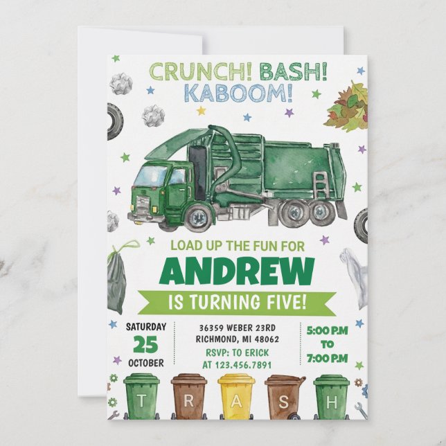 Invitación Pesonal Modern Trash Bash Boys Birthday party (Anverso)