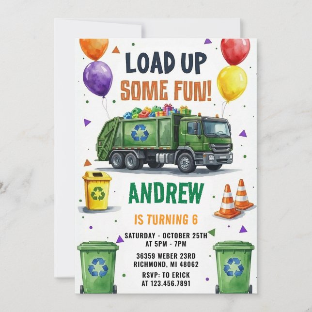 Invitación Pesonal Trash Truck Recycling Birthday Bash (Anverso)