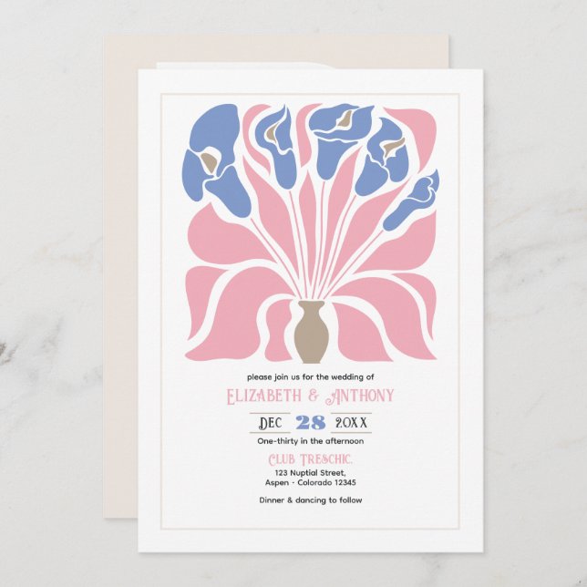 Invitación Petal Pink/Cornflower Abstract Floral Boho Wedding (Anverso / Reverso)