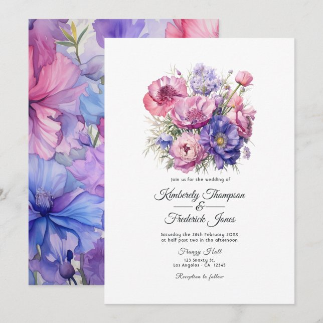 Invitación Petal Pink, Cornflower Blue y Mauve Purple Boda (Anverso / Reverso)