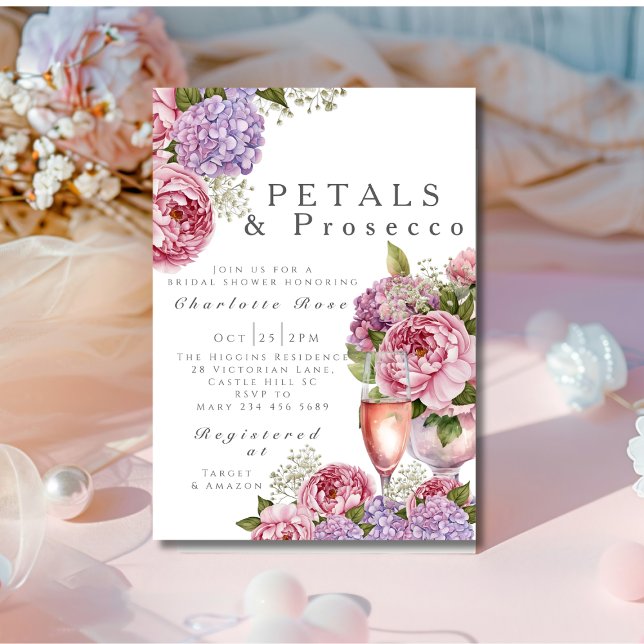 Invitación Pétalas y Prosecco flores para despedida de solter (Petals & Prosecco Bridal Shower floral Invitation)