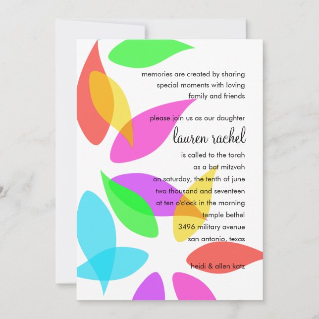 Invitación Petales coloridos de Bat Mitzvah (Anverso)