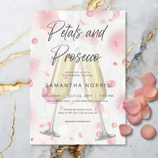 Invitación Petales de champán modernos y ducha de novia Prose (Modern Champagne Petals & Prosecco Bridal Shower Invitation)