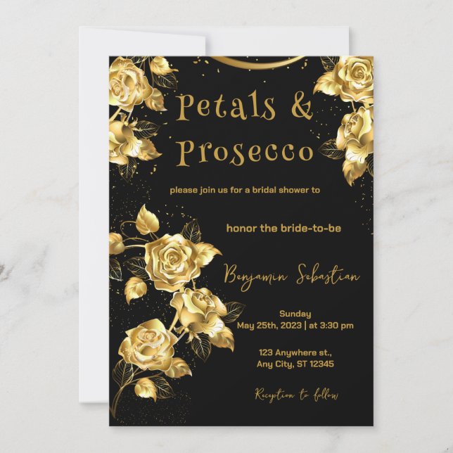 Invitación Petales de oro y negro y ducha de novia Prosecco (Anverso)