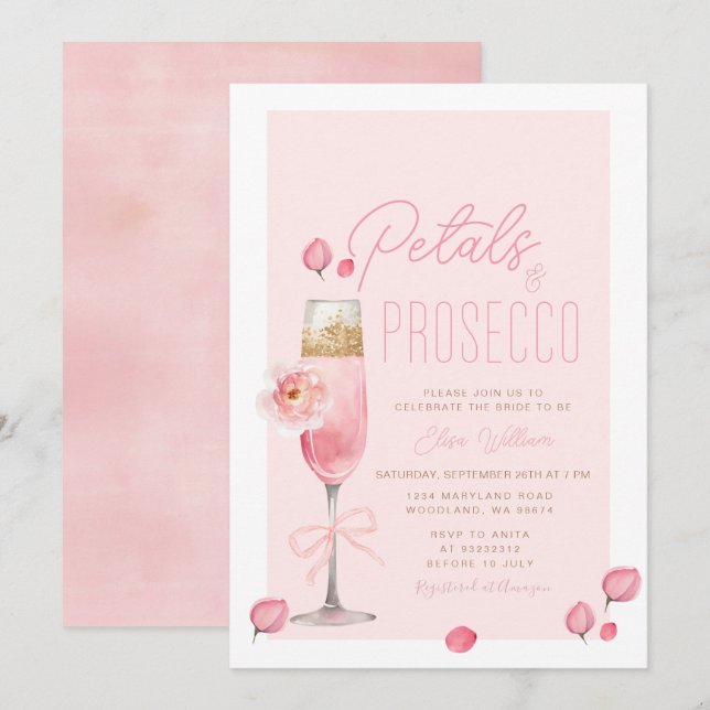 Invitación Petales elegantes y ducha de novia Prosecco (Anverso / Reverso)
