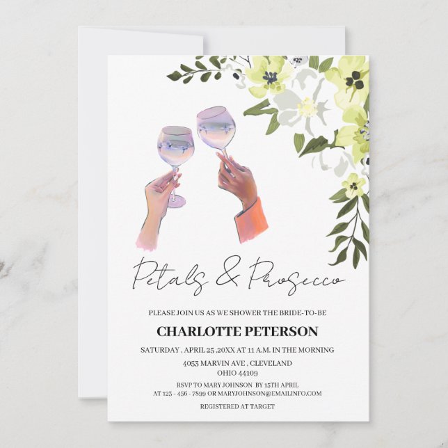 Invitación Petales elegantes y ducha de novia Prosecco (Anverso)