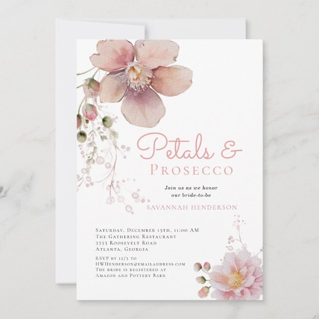 Invitación Petales florales elegantes y ducha de novia Prosec (Anverso)