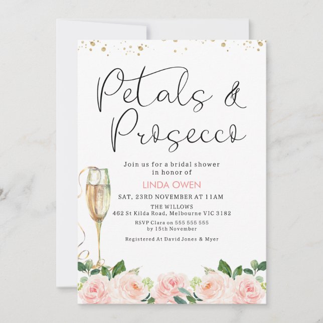 Invitación Petales florales y ducha de novia Prosecco (Anverso)