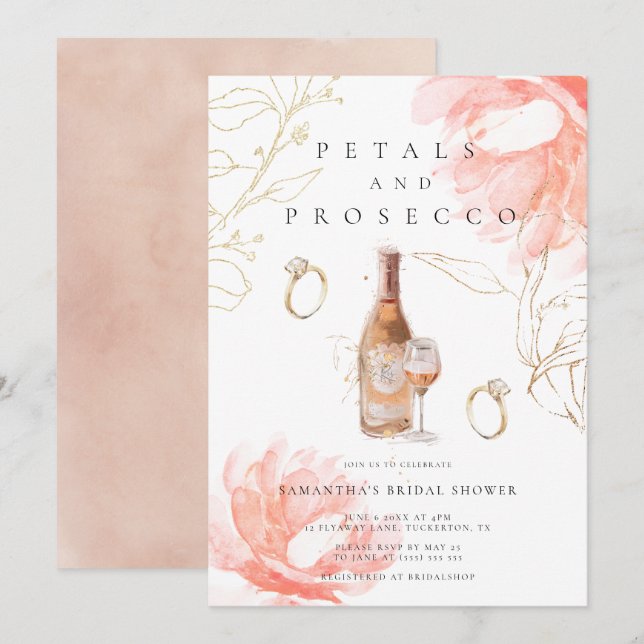 Invitación Petales modernos y ducha de novias Prosecco (Anverso / Reverso)