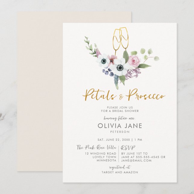 Invitación Petales Prosecco Anemones Dorado Bubbly Bridal Sho (Anverso / Reverso)