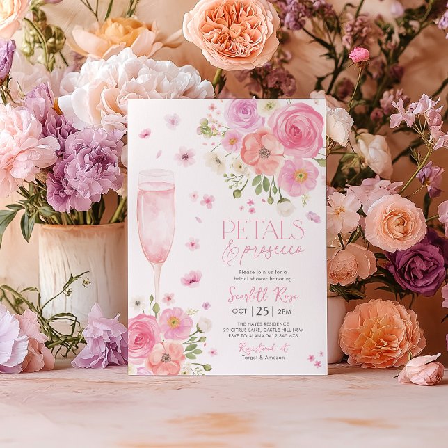 Invitación Petales Prosecco Bridal Shower Love In Bloom Purpl (Petals and Prosecco Pink Purple Bridal Shower Invitation)