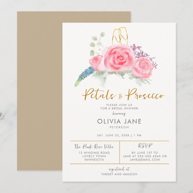 Invitación Petales Prosecco Floral Oro Bubbly Bridal Shower (Anverso / Reverso)