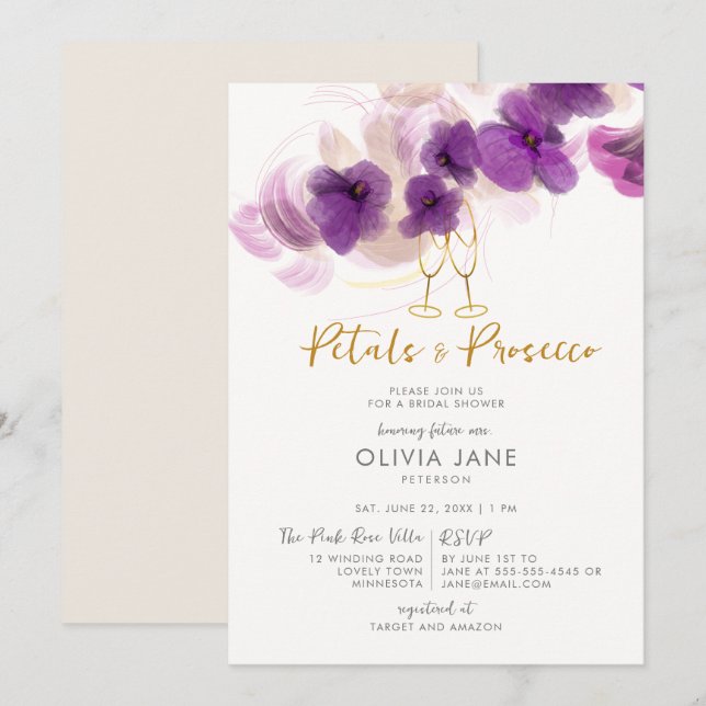Invitación Petales Prosecco Orquídea Púrpura Ducha Bridal (Anverso / Reverso)