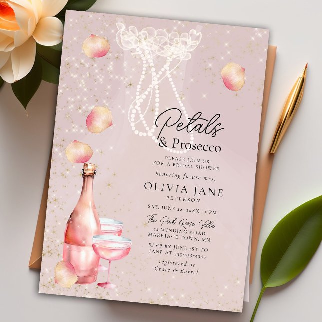 Invitación Petales Prosecco Perlas Doradas Rosadas Ducha Noda (Subido por el creador)