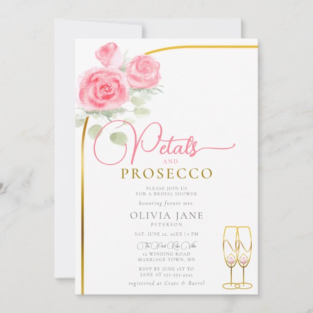 Invitación Petales Prosecco Rosas Boho Arch Bridal Shower (Anverso)