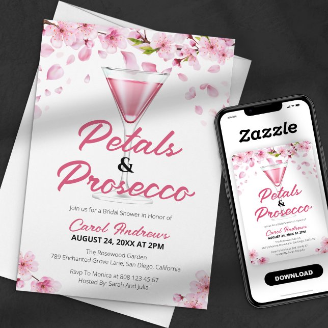 Invitación Petales rosados modernos y ducha de novia Prosecco (Subido por el creador)