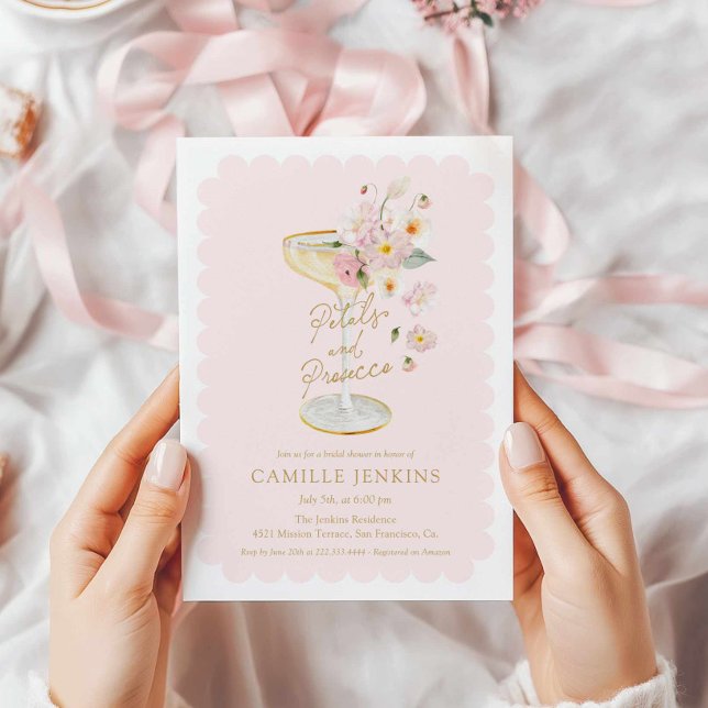 Invitación Petales rosados y verano del Prosecco (Pink Petals and Prosecco Bridal Shower Invite)