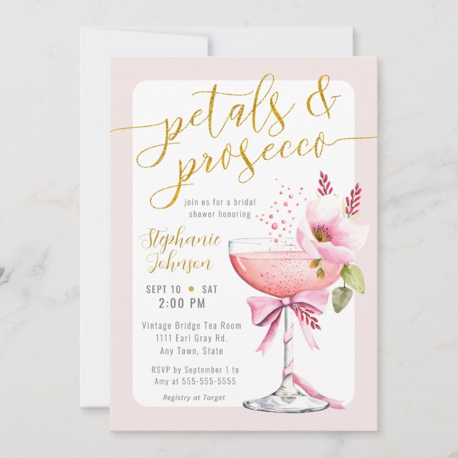 Invitación Petales y ducha de flores rosadas Rubor Prosecco (Anverso)