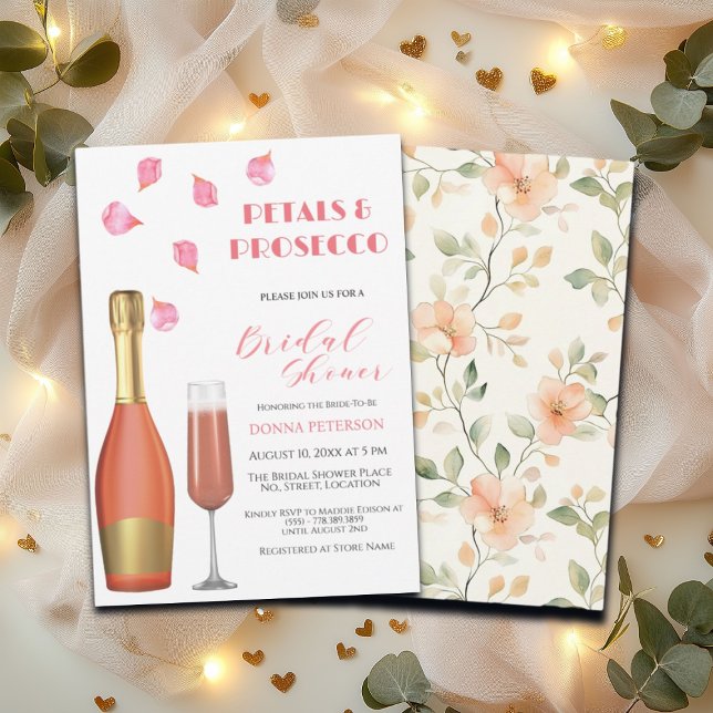 Invitación Petales y ducha de novias con botella de oro Prose (Subido por el creador)