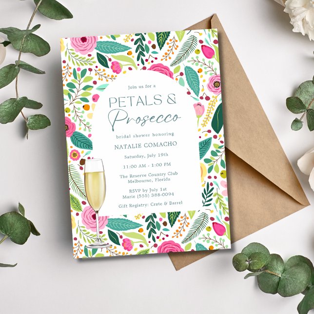 Invitación Petales y Fiesta de ducha de novia floral Prosecco (Petals and Prosecco Floral Bridal Shower Party Invitation)