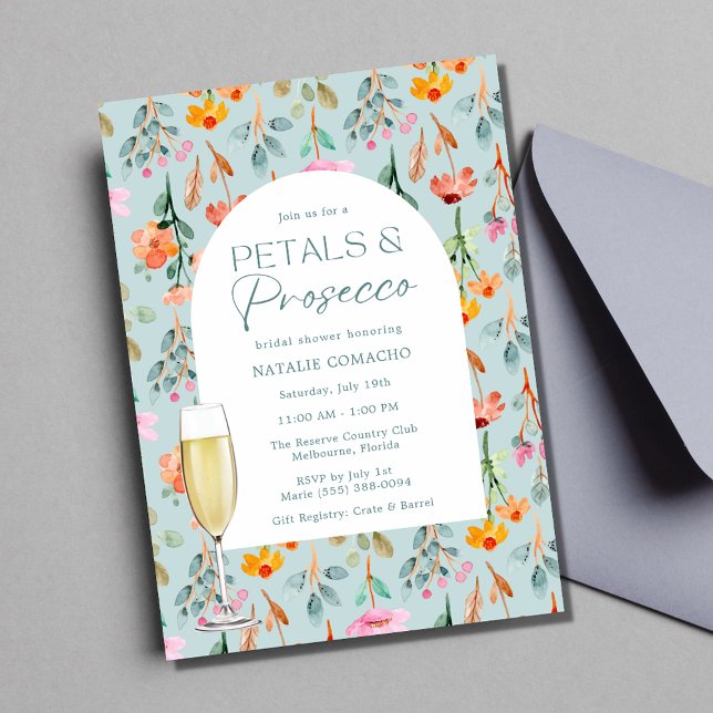Invitación Petales y Fiesta de ducha de novia Prosecco (Petals and Prosecco Bridal Shower Party Invitation)