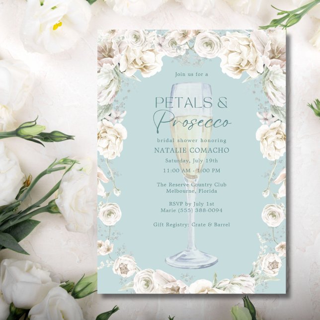 Invitación Petales y Fiesta de ducha de novia Prosecco (Petals and Prosecco Bridal Shower Party Invitation)