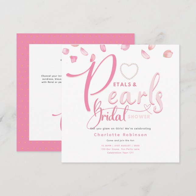 Invitación PETALES Y PERLAS Moda de cristal rosa Ducha de nov (Anverso / Reverso)