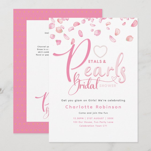 Invitación PETALES Y PERLAS Moda de cristal rosa Ducha de nov (Anverso / Reverso)
