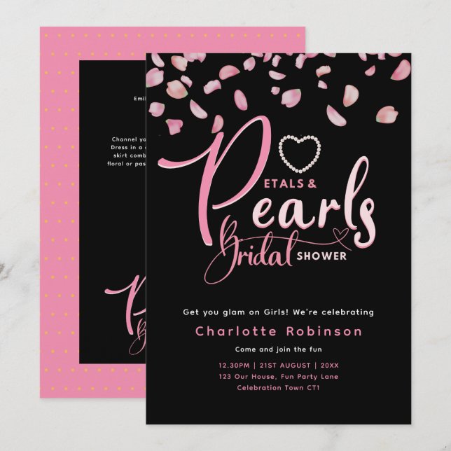 Invitación PETALES Y PERLAS Moda negra rosa Ducha de novias (Anverso / Reverso)