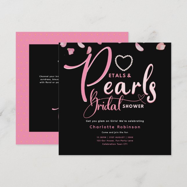 Invitación PETALES Y PERLAS Moda negra rosa Ducha de novias (Anverso / Reverso)