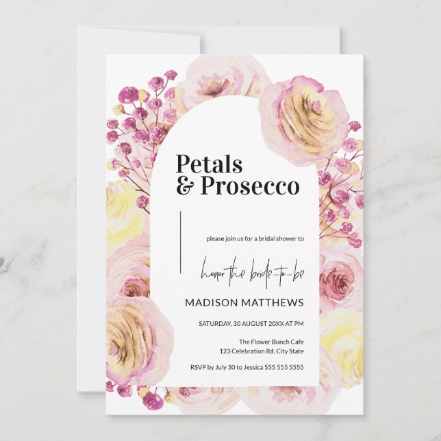 Invitación Petales y Prosecco Arco Floral Primavera Ducha Bri (Anverso)