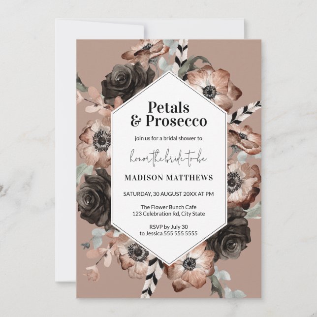Invitación Petales y Prosecco Boho Rubor ducha de novia rosa (Anverso)
