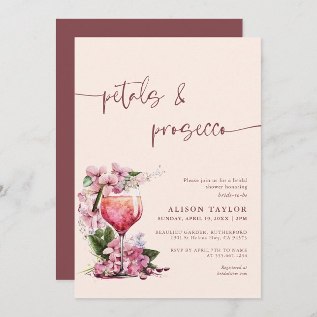 Invitación Petales y Prosecco Ducha Bridal Boho Mauve (Anverso / Reverso)