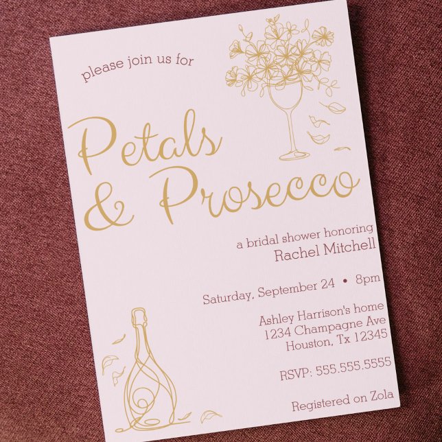 Invitación Petales y Prosecco Ducha Bridal de Arte de Línea R (Petals and Prosecco bridal shower lingerie shower bachelorette party invitation pink invite line art)