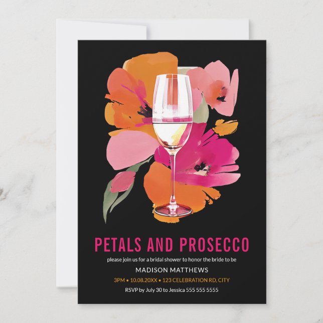 Invitación Petales y Prosecco Ducha Bridal Negro (Anverso)