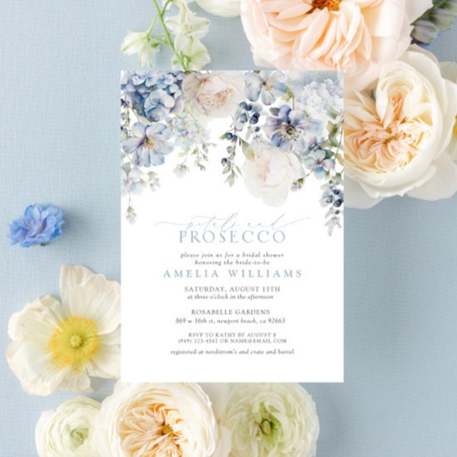 Invitación Petales y Prosecco Dusty Blue Floral Bridal Shower (Easily personalize this beautiful petals and Prosecco bridal shower invite for the perfect event!)