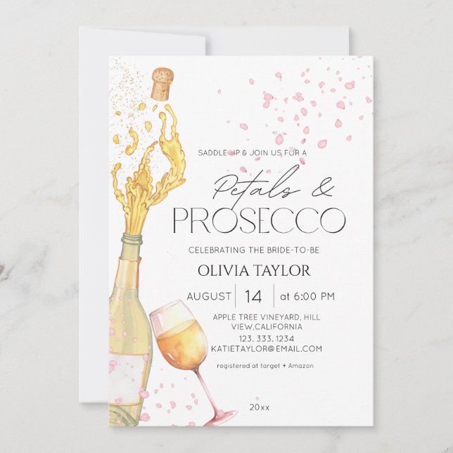Invitación Petales y Prosecco Elegante Champán Ducha Nodal (Anverso)