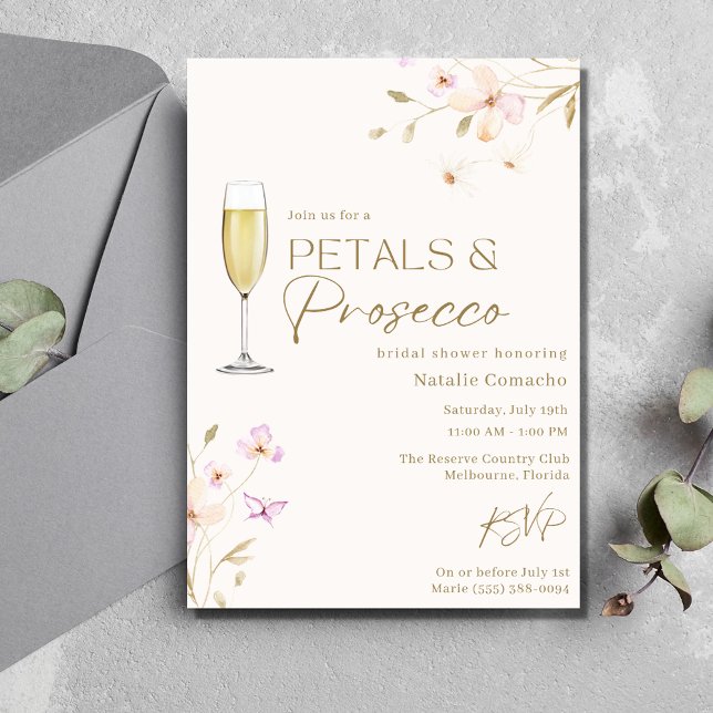 Invitación Petales y Prosecco Elegante Fiesta de ducha de nov (Petals and Prosecco Elegant Bridal Shower Party Invitation)