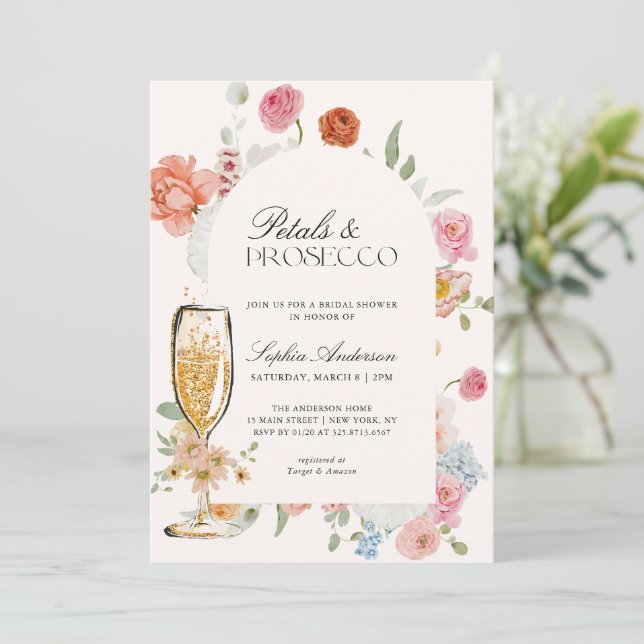 Invitación Petales y Prosecco Flores Primarias Ducha Bridal (Anverso de pie)