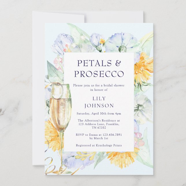 Invitación Petales y Prosecco Moderno Floral Bridal Shower (Anverso)