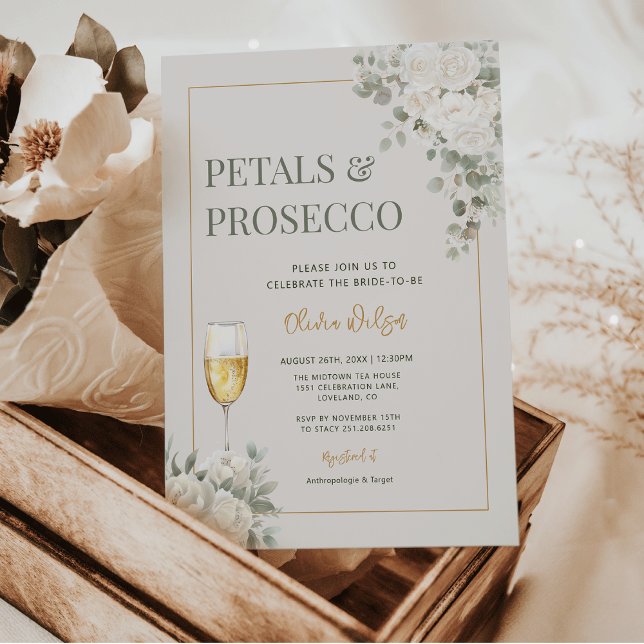 Invitación Petales y Prosecco Petales de Marfil Ducha de novi (Elegant Petals & Prosecco Ivory Petals | White Flowers  - white peonies & ranunculus Bridal Shower)
