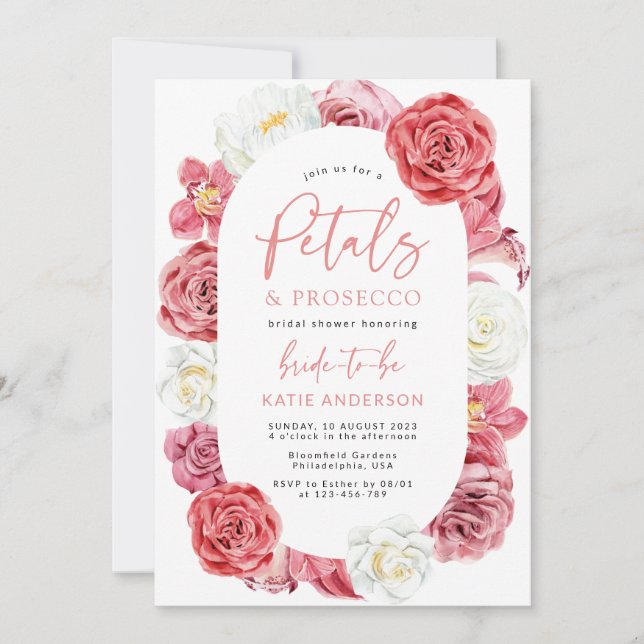 Invitación Petales y Prosecco Rosa floral rosa Ducha de novia (Anverso)
