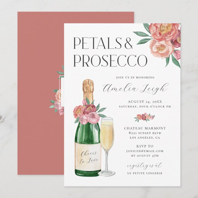 Invitación Petales y Prosecco Rubor Floral rosa (Anverso / Reverso)