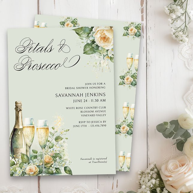Invitación Petales y Rosas Prosecco Peach Ducha de novias (Petals & Prosecco Floral Bridal Shower invitation on sage green)