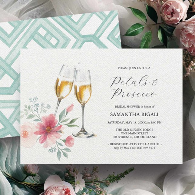 Invitación Pétalos azules rosados y salchichas de novia Prose (Bridal shower invitations featuring a watercolor petals and Prosecco design by Do Tell A Belle)