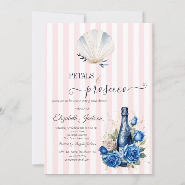 Invitación Pétalos de conchas y prosecco rayado rosa (Anverso)